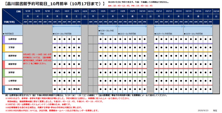 品川図書館予約可能日_10月前半(クリックすると拡大します) 品川図書館予約可能日_10月前半(クリックすると拡大します)